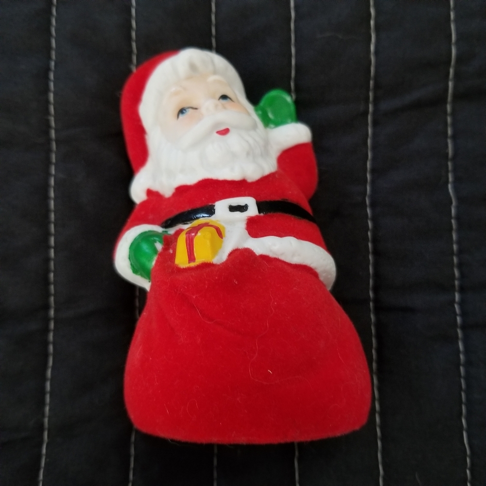 Vintage Bell Christmas Holiday Felted Ceramic Santa Claus Bell. 4.25"